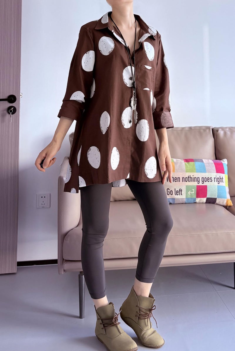 Minibee Women's Button Down Tunic Tops Polka Blouse Cotton Shirt (XL, Style1 Coffee) - Image 1